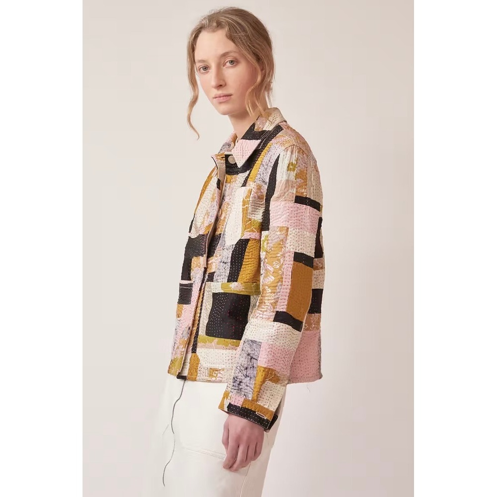 Ssōne Kantha Jacket Women 14 Yellow Cream Boho Quilted Patchwork Chore Button Up - Picture 2 of 13